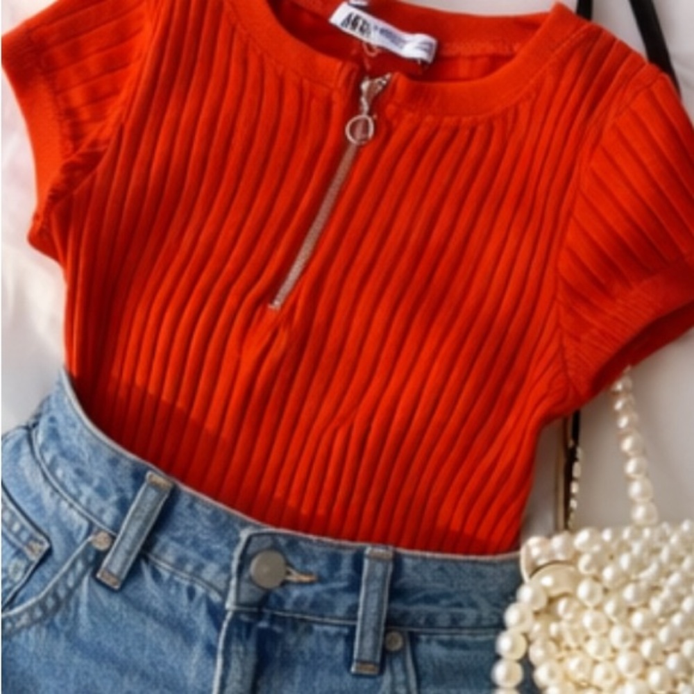 Zara Bright Orange Ribbed Top with Zip Detail